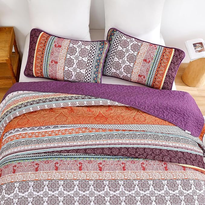 WONGS BEDDING Boho Quilt Set King Size, Purple 3 Pieces Bohemian Striped Patchwork Bedspread Coverlet, Lightweight Soft Microfiber Bedding Set for All Season (104"x90")