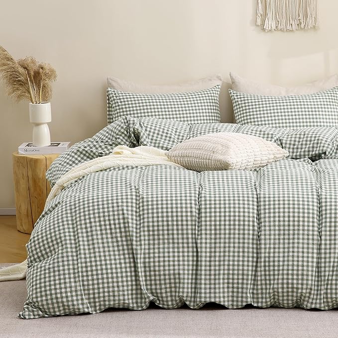 TOCOMOA Green Gingham Duvet Cover Bedding Set 100% Washed Cotton Like Linen Feel Super Soft Comfy 3 Piece Vintage Plaid Checkered Comforter Cover Set (Oversized Queen 98"x98", Comforter Not Included)