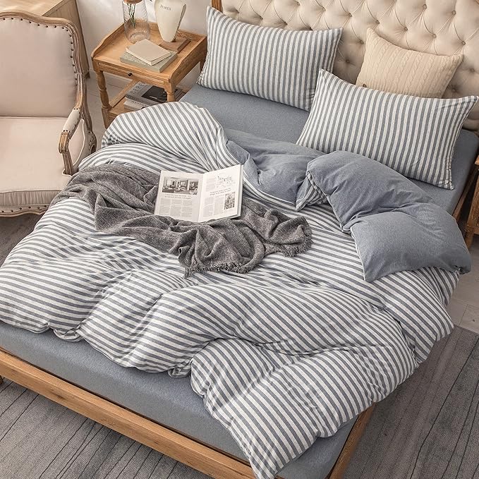 PURE ERA Jersey Knit 2pc Duvet Cover Set 100% T-Shirt Heather Cotton Super Soft Comfy Classic Striped Design, with Zipper Closure, Heather Blueish Grey Stripe, Twin