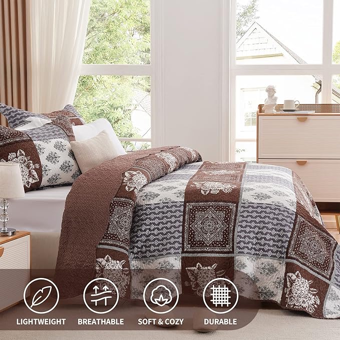 Full/Queen Size Quilt Set 3 Pieces Lightweight Reversible Bedspread-90''x98'' Soft Patchwork Border Floral Coverlet Warm Microfiber Bed Cover for All Seasons Brown Bedding Set(1 Quilt,2 Pillow Shams)