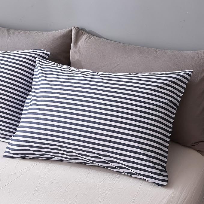 JELLYMONI 100% Natural Cotton 3pcs Striped Duvet Cover Sets,White Duvet Cover with Navy Blue Stripes Pattern Printed Comforter Cover,with Zipper Closure & Corner Ties(King Size)
