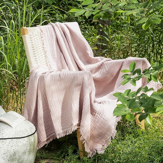 MooMee Muslin Blanket - 100% Cotton 4-Layer Gauze Throw Blanket with Tassels Ultra-Soft Breathable Lightweight Cooling for Bed Couch (Greyish Pink,Throw 60" x 50")