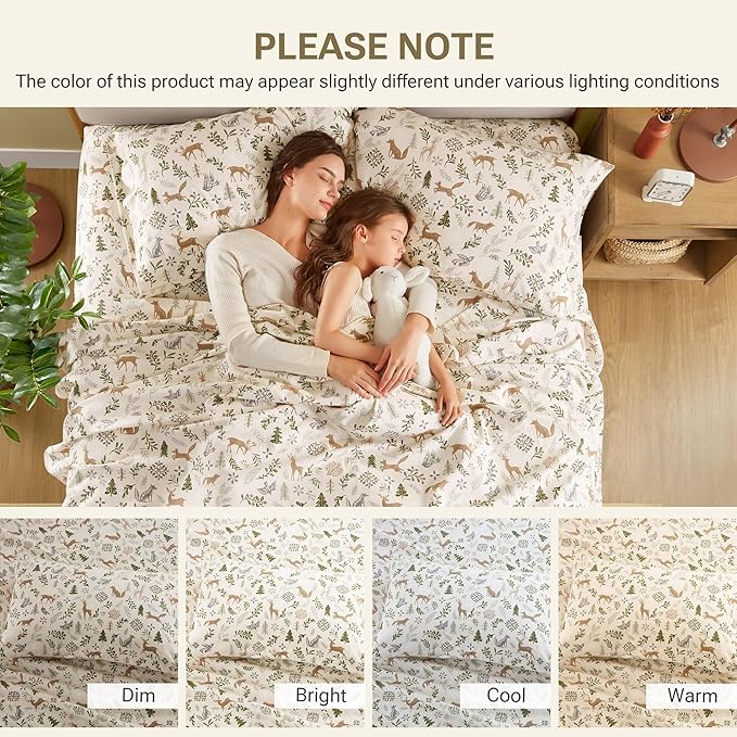 Sleep Philosophy True North 100% Cotton Flannel Sheets Cal King Size, Cozy Flannel Sheet Set Brushed for Extra Softness, Heavyweight Novelty Print Warm Flannel Bedding Set, Tan Woodland Winter 4 Piece