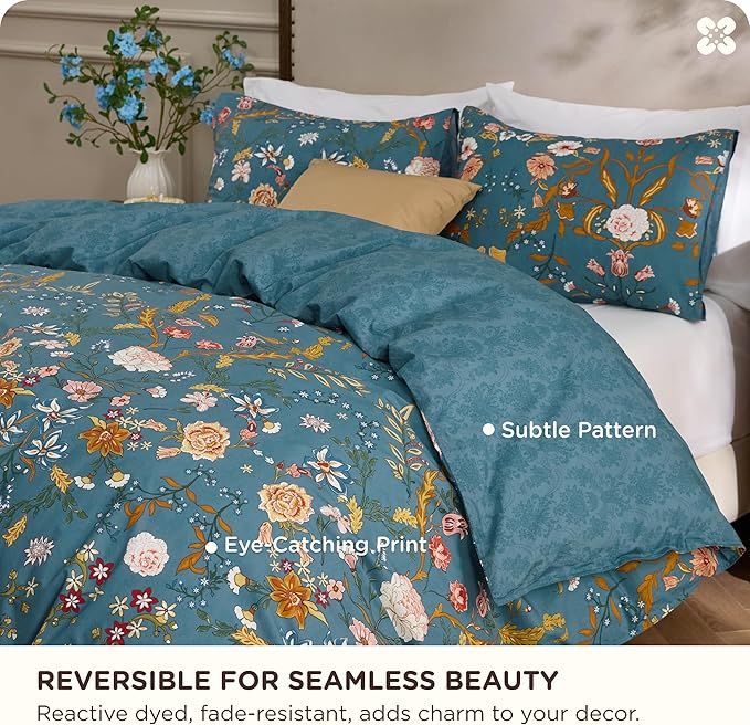Bedsure 100% Cotton Reversible Floral Duvet Cover King Size - Botanical Shabby Chic Printed Comforter Cover with Zipper Closure & 2 Pillow Shams, No Comforter (Vintage Teal Floral 104"x90")