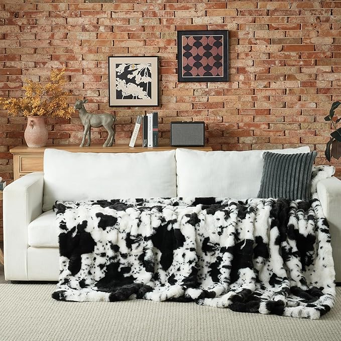 Lotus Karen Faux Fur Throw Blanket Cow Print-Black, Fluffy Fuzzy Plush Bubble Blanket for Couch, 60x50 Inches Cozy Shaggy Rabbit Blanket, Luxury Decorative Gifts for Sofa Bedroom Living Room.