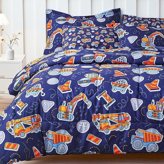 Viviland Kids Twin Bedding Sets for Boys, Soft Twin Comforter Set with Sheets, 5 Pieces Microfiber Bed in a Bag, Navy Blue Tractor