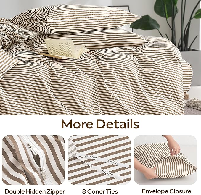 JELLYMONI 100% Natural Cotton 3pcs Striped Duvet Cover Sets,White Duvet Cover with Khaki Stripes Pattern Printed Comforter Cover,with Zipper Closure & Corner Ties(Queen Size)