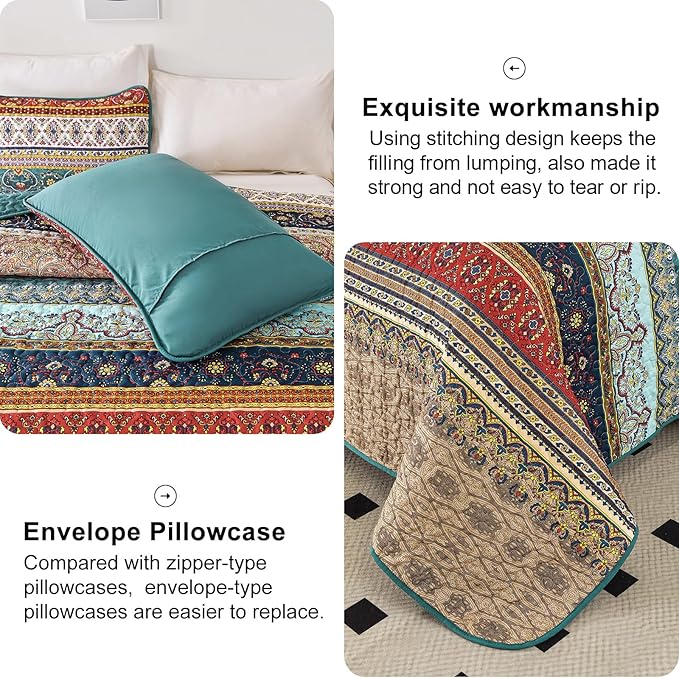 WONGS BEDDING Boho Quilt Set California King, Green and Brown Bohemian Striped Pattern Printed Quilt Coverlet, Lightweight Microfiber Bedspread for All Season 106"x96"(3 Pieces, Cal King)