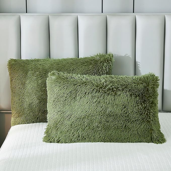 Uhamho Faux Fur Velvet Fluffy Bedding Duvet Cover Set Down Comforter Quilt Cover with Pillow Shams, Ultra Soft Warm and Luxury (King, Sage)