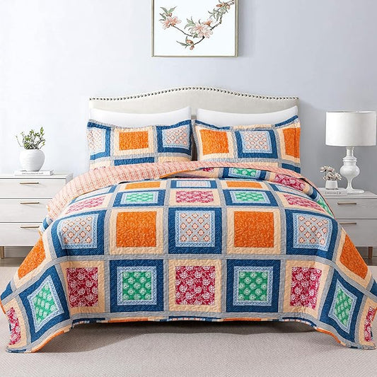 HoneiLife King Quilt Bedding Set - Rustic Quilt Sets 3-Piece,Patchwork Bedspreads for King Bed,Lightweight Coverlets Microfiber Bed Cover, Quilt King Size All Season Quilts-Orange