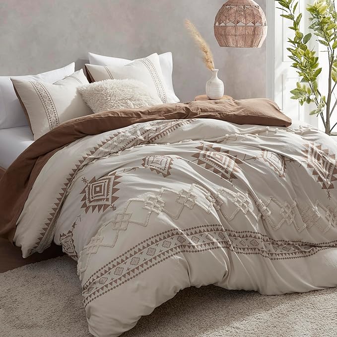 Oli Anderson Boho Duvet Cover Set Twin Size, Beige and Terracotta Color Clash 2 Pieces Microfiber Bedding Set, Durable and Super Soft Duvet Covers with Zipper and Ties, 68"*90"