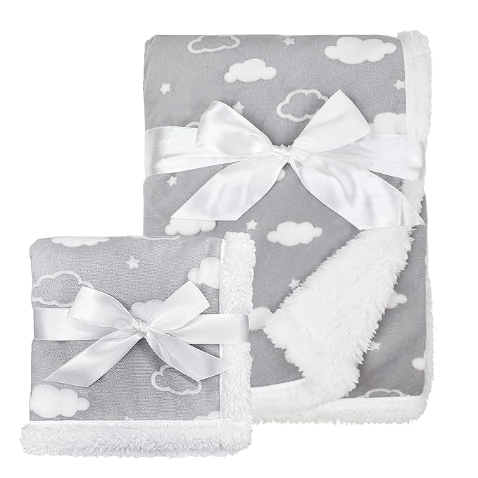 American Baby Company Heavenly Soft Chenille Sherpa Blanket Set, Receiving Blanket (30" x 35") & Security Blanket (14" x 14"), 3D Gray Cloud, for Boys & Girls