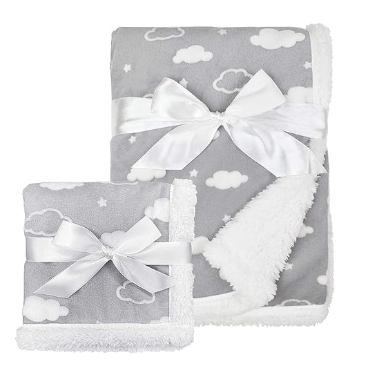 American Baby Company Heavenly Soft Chenille Sherpa Blanket Set, Receiving Blanket (30" x 35") & Security Blanket (14" x 14"), 3D Gray Cloud, for Boys & Girls