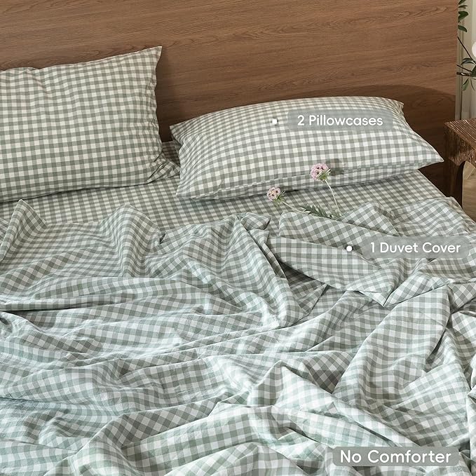 MooMee Gingham Duvet Cover Set 100% Washed Cotton Linen Like Textured Breathable Durable Soft Comfy Modern Checkered Design (Sage Green Gingham, Queen 90"x90")