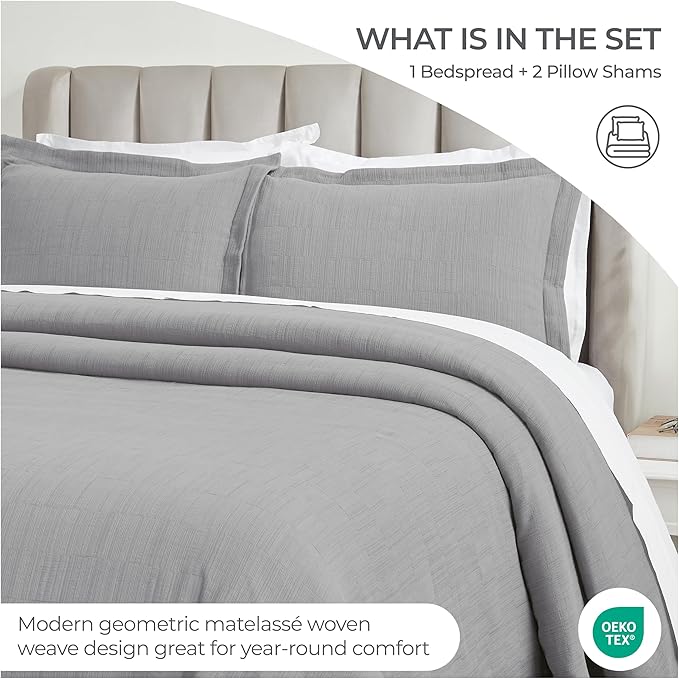 Superior 3 Piece Cotton Bedspread and Sham Set, Home Bed Decor, Decorative Bed Spread, 2 Pillow Shams, Medium Weight, Matelasse Coverlet, Bedding Essentials, Zenith Collection, California King, Grey