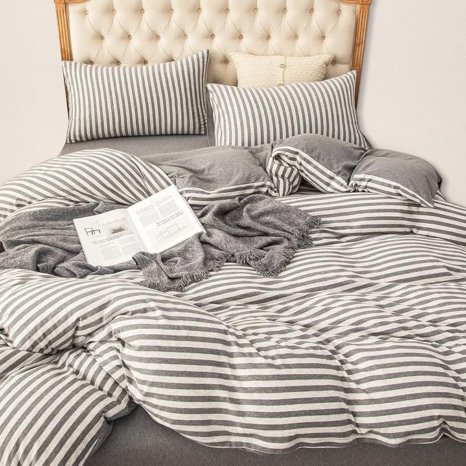PURE ERA Jersey Knit Duvet Cover Set 100% T-Shirt Heather Cotton Super Soft Comfy Classic Striped Design, with Zipper Closure, Grey Stripe, King