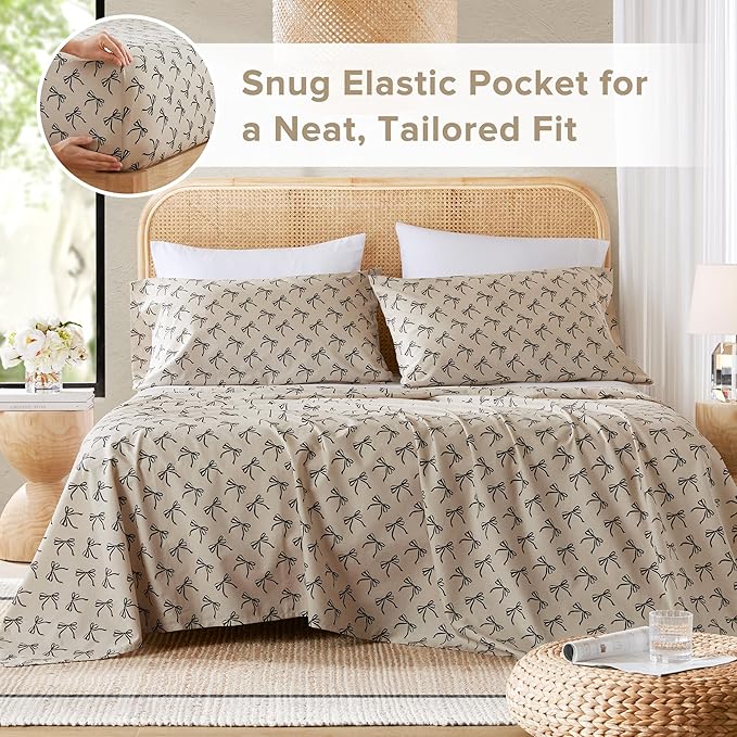 Comfort Spaces 100% Cotton Sheets Queen, Breathable, Naturally Cool Cotton Sheets, Cotton Bed Sheets with 14" Elastic Pocket Fits up to 16" Mattress, All Seasons Sheet Set, Bow Black/Taupe 4 Piece