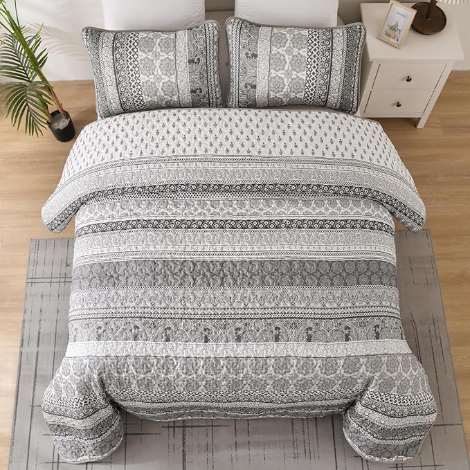 WONGS BEDDING Boho Quilt Set King Size, Gray Bohemian 3 Pieces Quilt Sets, Grey Lightweight Bedspread Coverlet Bedding Set for All Season (104"x90")