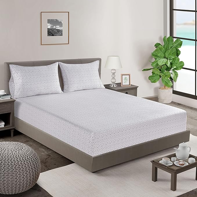 LANE LINEN 100% Organic Cotton Twin Fitted Sheet & Pillowcase Set, Percale Weave, Lightweight, Breathable, Fits Mattress Up To 15" Deep - White (Grey Dot) (No Flat Sheet)