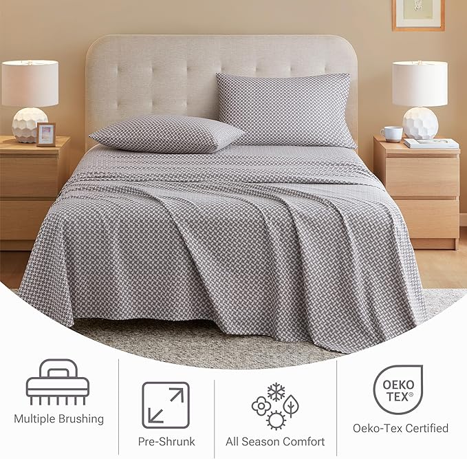 True North by Sleep Philosophy Cotton Sheet Set Cozy Print 100% Cotton Flannel Sheets Bedding Set, Oversized Sheets, Deep Pocket Fits Up to 12" Mattress Full Bed Sheets Full Snowflake 4 Piece