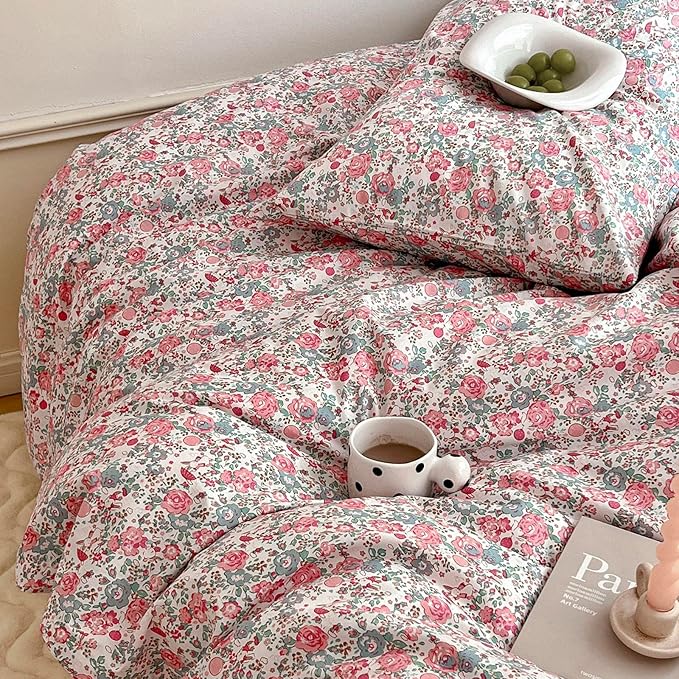 HighBuy Girl Duvet Cover Full Pink Floral Bedding Set - Shabby Chic Boho Cotton Coquette Duvet Cover Set Twin Size - Comforter Cover Set,3 Piece Bed Set(1 Duvet Cover 80"x90" and 2 Pillow Shams)
