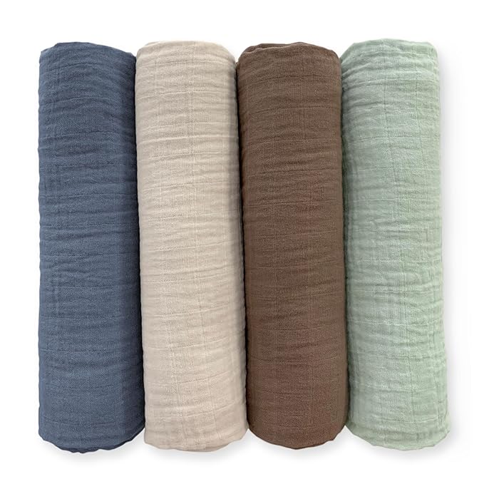 SwaddleDesigns Cotton Muslin Swaddle Blankets for Baby Boy & Baby Girl, Set of 4, Neutral Receiving Blankets for Newborn, Baby Registry & Gift, 46x46 inches, Coastal