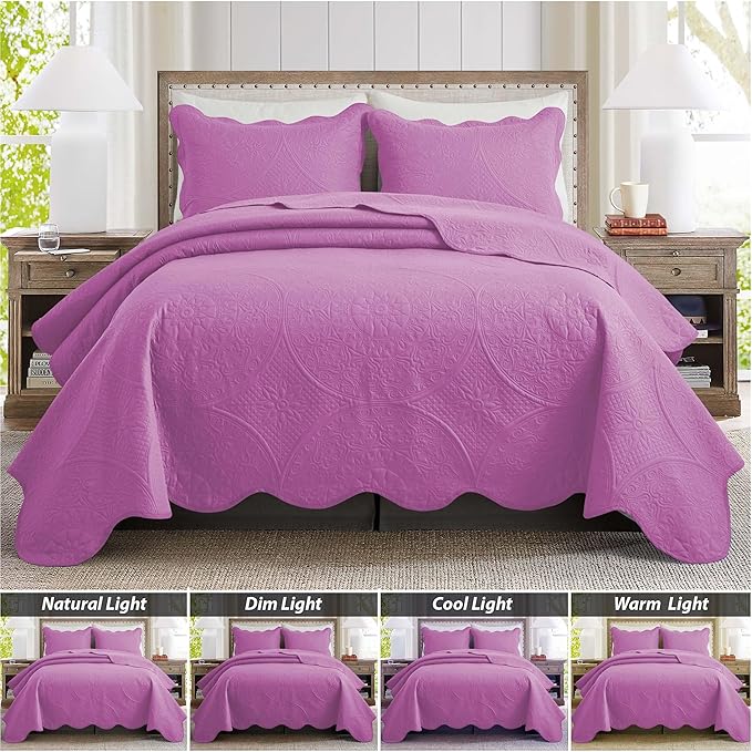 MOONLIGHT20015 Queen Quilt Bedding Set Size (90" x 96") + 2 Pillow Shams (20" x 26"+ 2") - 3 Pcs All Season Lightweight Reversible Embossed Quilt Microfiber Coverlet Floral Bedspread (Purple)