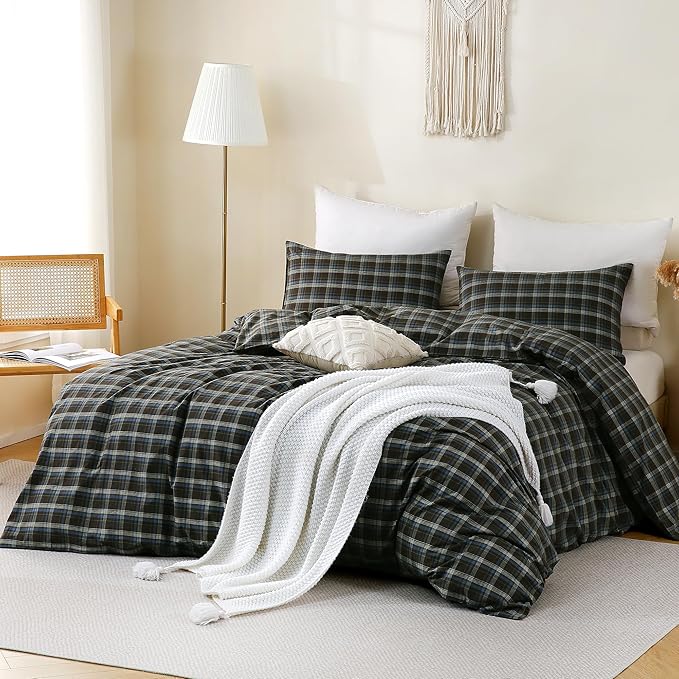 TOCOMOA Buffalo Plaid Duvet Cover Set 100% Washed Cotton Like Linen Feel Super Soft Comfy 3 Piece Brown Blue Gingham Checkered Bedding Comforter Cover Set (King 104"x90", Comforter Not Included)