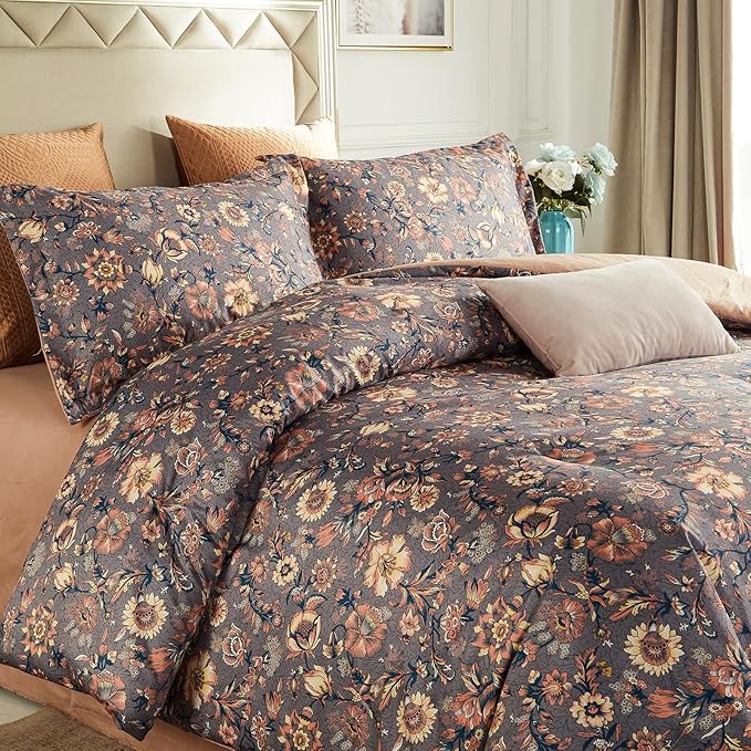 Cupocupa King Duvet Cover Set - 3pc Paisley Bedding - Vintage Boho Cottagecore Floral Print, Soft Microfiber Botanical Quilt Cover with Pillowcases (King, 104"x90")