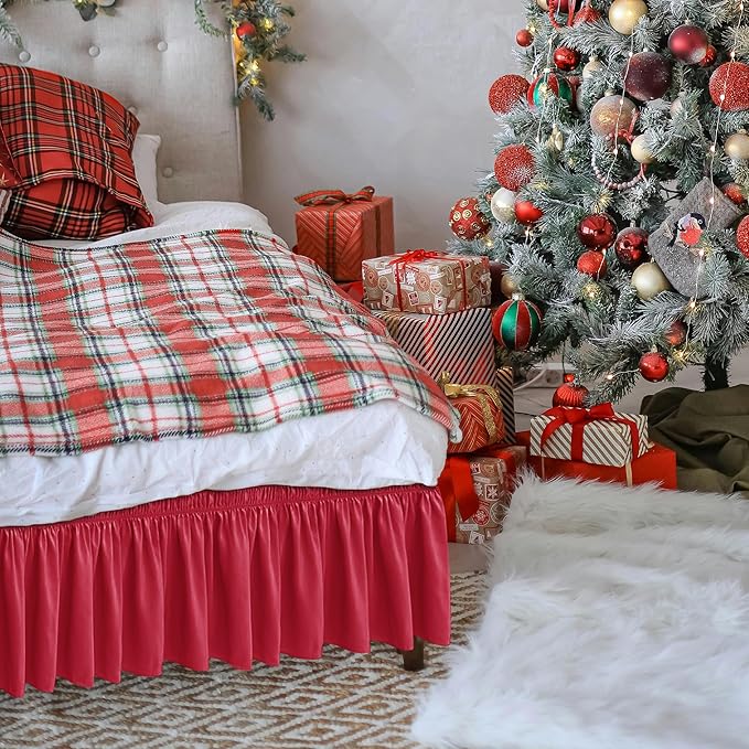 Biscaynebay Wrap Around Bed Skirts for King & Cal King Beds Short Drop of 12", Red Adjustable Elastic Dust Ruffles Easy Fit Wrinkle Resistant Silky Luxurious Fabric Machine Washable