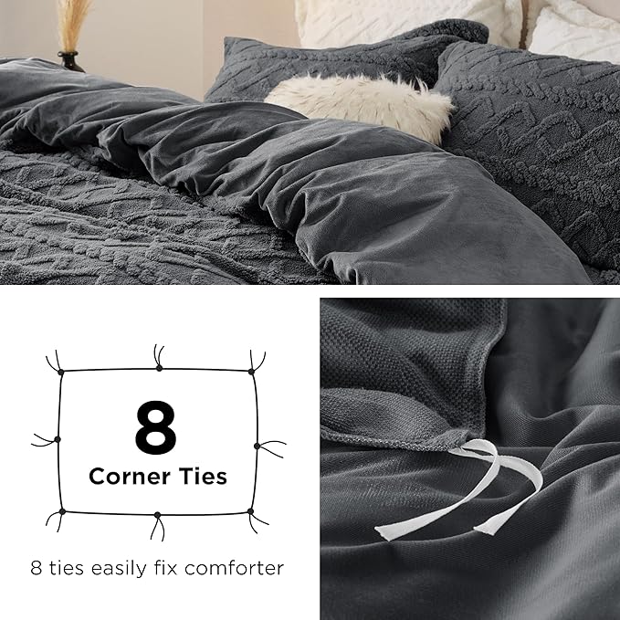 Bedsure Fluffy Flannel Duvet Cover Set - Faux Fur Comforter Cover King Size, Dark Grey Warm Plush Bedding for Winter, 3-Piece Set with Zipper Closure (104"x90") and 2 Pillow Shams