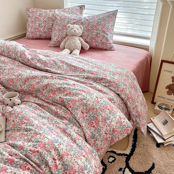 Duvet Cover Queen Pink Floral Bedding Set - Shabby Chic Boho Cotton Duvet Cover Set Queen Size - Breathable Comforter Cover with Zipper Ties,3 Piece Bed Set(1 Duvet Cover 90"x90" and 2 Pillow Shams)