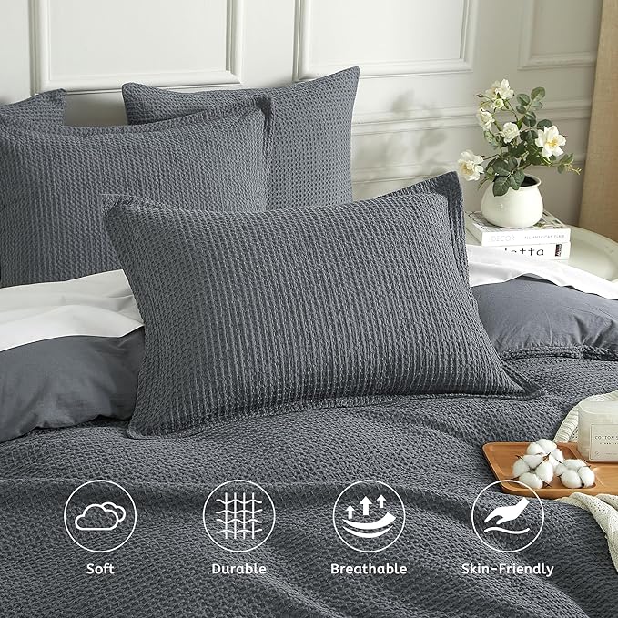 SE SOFTEXLY Waffle Duvet Cover King, 100% Cotton Waffle Weave Bedding Duvet Cover Set, Soft and Breathable Comforter Cover for All Season, 3 Pieces Including Pillow Shams（Dark Grey, 104”x90”）