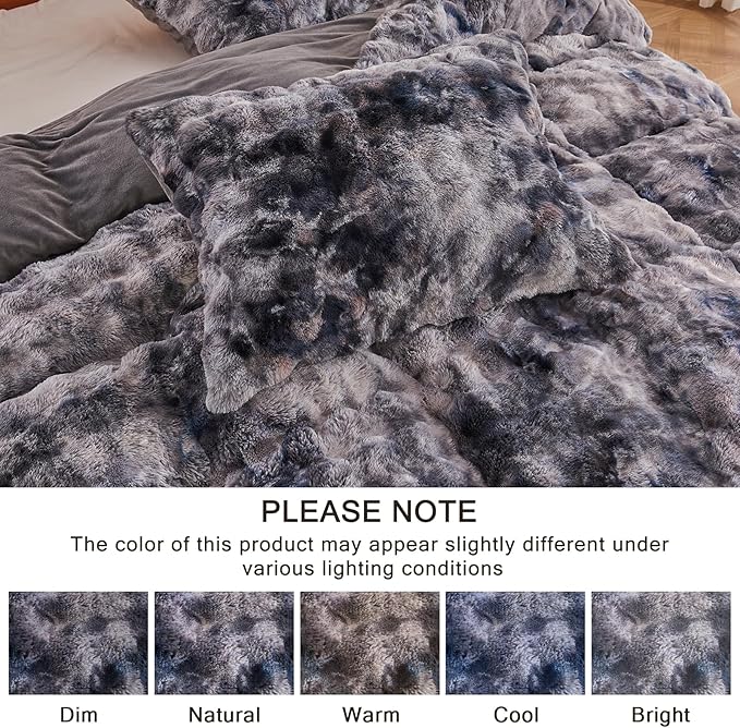 EMME Faux Fur Duvet Cover Queen Size, 3 Pieces Ultra Soft Fluffy Comforter Cover, Cozy Warm for Winter, Luxury Shaggy Bubble Design Bedding, 1 Duvet Cover & 2 Pillow Shams (Queen, Tie Dye Dark Grey)
