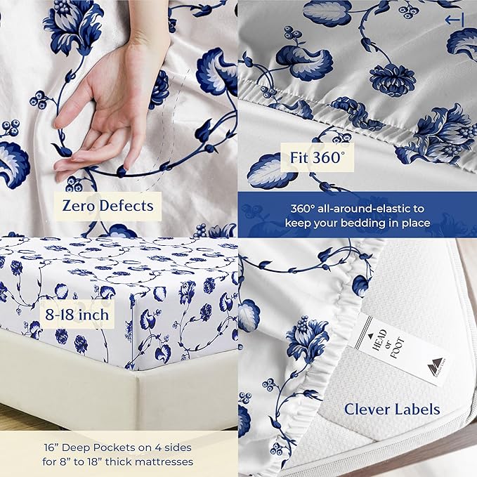 Mayfair Linen 100% Organic Cotton Printed Sheets Queen Size - 4 PC Organic Cotton Percale Sheets Queen Set (Floral Blue), Cooling & Breathable Bedsheets, 16" Deep Pocket Hotel Bedding - GOTS Certified