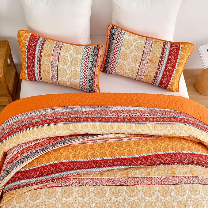 WONGS BEDDING Boho Stripe Quilt Set Queen Size, 3 Pieces Orange Bohemian Quilt Sets, Lightweight Soft Microfiber Bedspread Coverlet Bedding Set for All Season (96"x90")