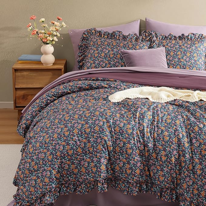 Full Comforter Set - 7 Pieces Ruffle Purple Ditzy Bedding Sets, Shabby Chic Farmhouse Bed in a Bag with Ruffle Comforter, Sheets, Pillowcases & Shams
