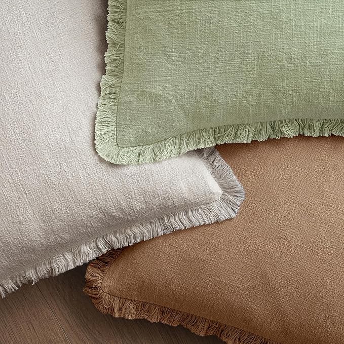 MIULEE Decorative Throw Pillow Covers Neutral Linen Fringe Throw Pillows Euro Shams Set of 2 Sage Green Boho Farmhouse Cushion Covers for Couch Sofa Bed Living Room Spring Home Decor 22x22 Inch