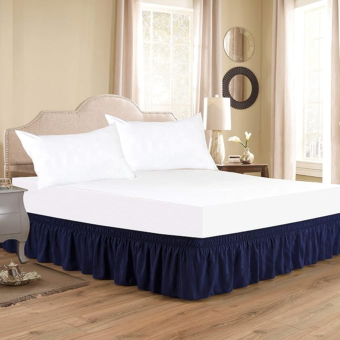 Wrap Around Bed Skirts Elastic Dust Ruffles, Easy Fit Wrinkle and Fade Resistant Silky Microfiber Fabric Solid Color Bedskirt, 12 Inch Tailored Drop Navy Blue for Short Queen Size Bed Skirt