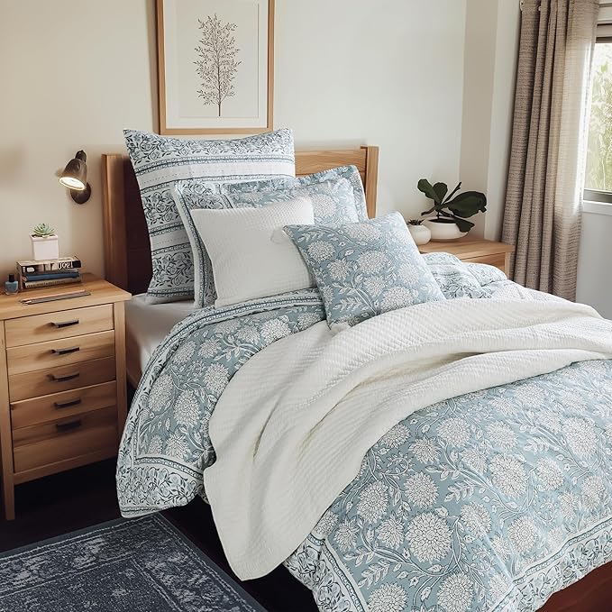 Levtex Home Adare Blue Reversible Twin Duvet Cover Set (68x88in) with 1 Pillowcase (26x20in) - Floral Bedding - Blue and White - 100% Cotton Twin Size Duvet Cover Set - Soft, Pre-Washed