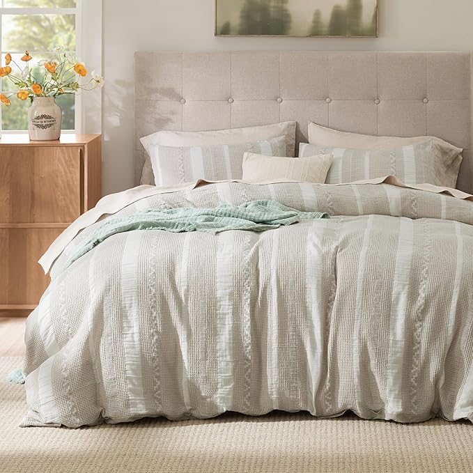 Bedsure Waffle Weave Duvet Cover King - 100% Cotton Boho Duvet Cover with 2 Pillowcases - Linen Color Textured Comforter Cover with Zipper Closure (King, 104"x90")
