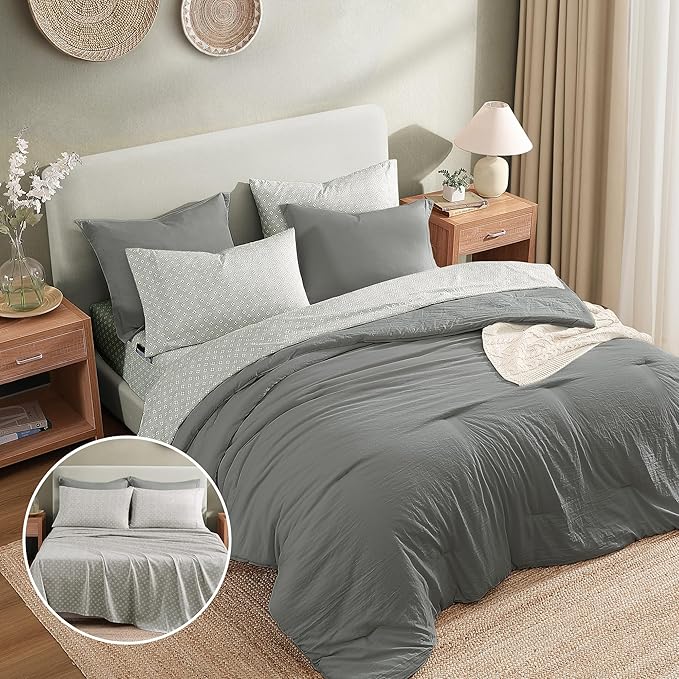 Monbix Full Size Comforter Set - 7 Pieces Granite Grey Prewashed Bed in a Bag Full Bedding Sets with Comforters, All Seasons Ultra Soft Comforter Bed Set with Sheets,Pillowcases & Shams