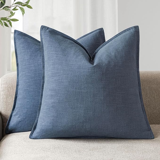 Foindtower Pack of 2, Decorative Linen Soild Throw Pillow Covers Soft Accent Euro Cushion Case Farmhouse Neutral Pillowcase for Chair Couch Sofa Bedroom Living Room Home Decor 24 x 24 Inch Dark Blue