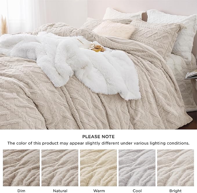 Bedsure Fluffy Flannel Duvet Cover Set - Faux Fur Comforter Cover Queen Size, Warm Plush Bedding for Winter, 3-Piece Set with Zipper Closure (90"x90") and 2 Pillow Shams, Linen