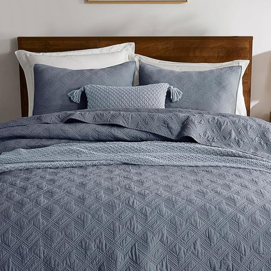 WDCOZY 100% Cotton Queen Size Quilt Set - Dusty Blue Pre-Washed Soft Lightweight Modern Bedspread, Farmhouse Country Rustic Coverlet, Textured Like Linen, Shabby Chic Gauze Bedding, 3 Pieces