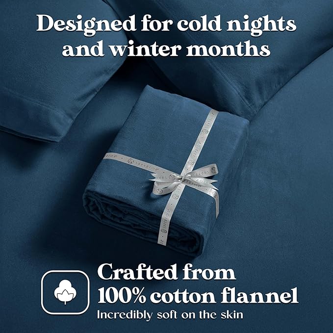 Superior Flannel Cotton Bed Sheet Set, Set Includes: One Flat Sheet, One Fitted Sheet and One Pillowcase, Breathable, Modern Solid Classic, Twin, Navy Blue