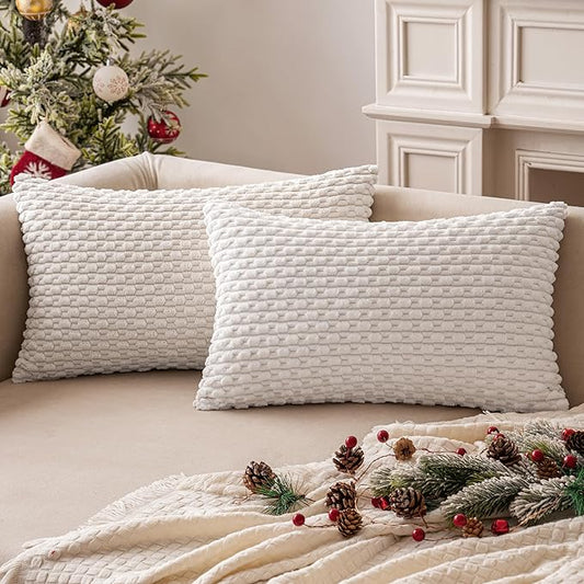 MIULEE Christmas Throw Pillow Covers Soft Corduroy Decorative Set of 2 Boho Striped Pillow Covers Pillowcases Farmhouse Home Decor for Couch Bed Sofa Living Room 12x20 Inch Pure White