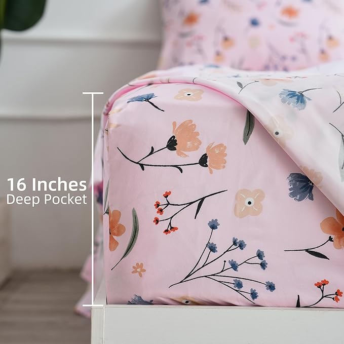 Pink Queen Sheets Set Flower Bed Sheets 4 Piece - Pink Botanical Patterned Sheets Microfiber Bedding Decor - Breathable & Durable Queen Sheet Set Up to16 Inches Deep Pocket Queen Bed Sheets