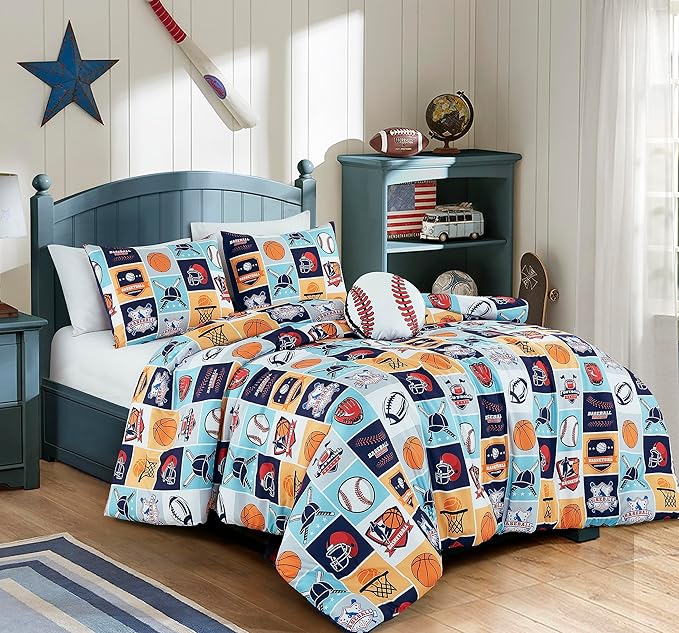 Chezmoi Collection 3-Piece Kids My Sports Bedding Comforter Set Twin Size - Soft Microfiber Navy Blue Gray Orange White Printed Basketball Baseball Football Soccer Sports for Kids/Teens