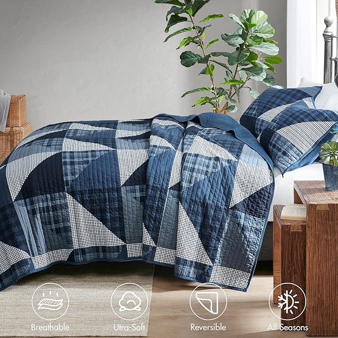 Woolrich Reversible Quilt Set - Cottage Styling Reversed to Solid Color, All Season Lightweight Coverlet, Cozy Bedding Layer, Matching Shams, Oversized King/Cal King, Olsen Geometric Blue
